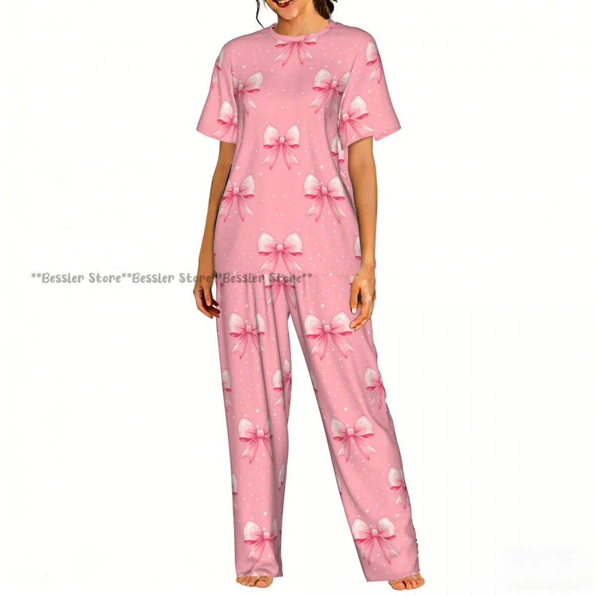 

Girly Pink Bow Pajamas Set Short-sleeved Women Home Clothing