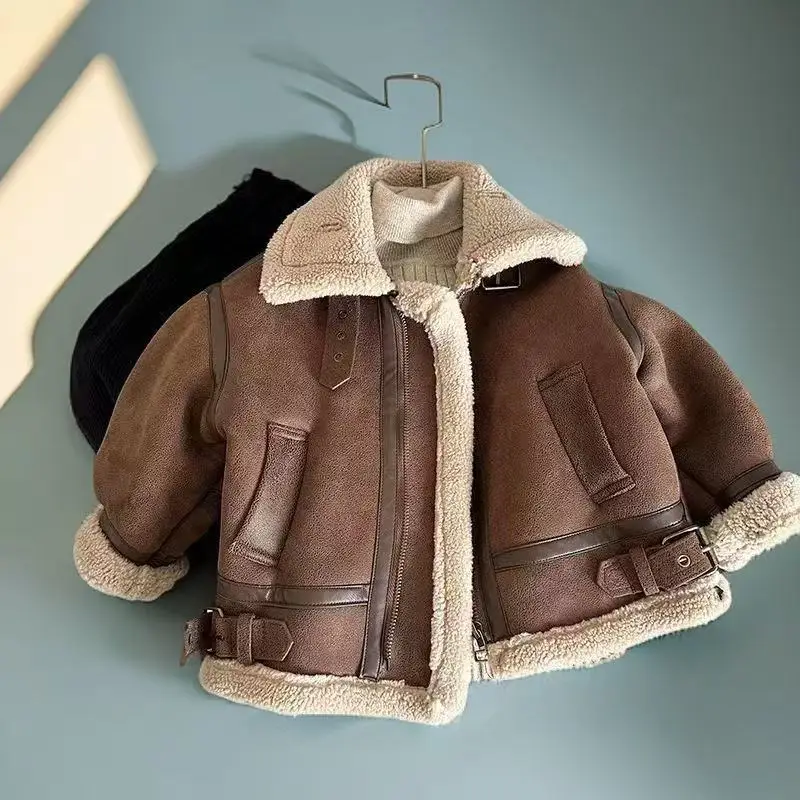 Children Velvet Warm Jackets Fashion Baby Kids Fleece Outwear Korean Boys Girls Zipper Thickness Suede Coat 2025 New Winter