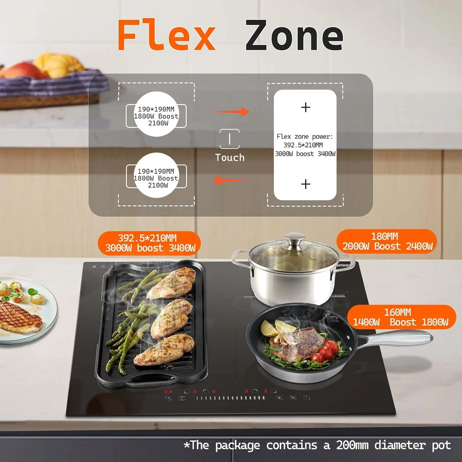 موقد كارينير التعريفي 4 مناطق (مع مقلاة)، موقد كهربائي فليكس زون 60 سم 7200 وات تحكم منزلق مع قفل آمن للمؤقت التعزيز