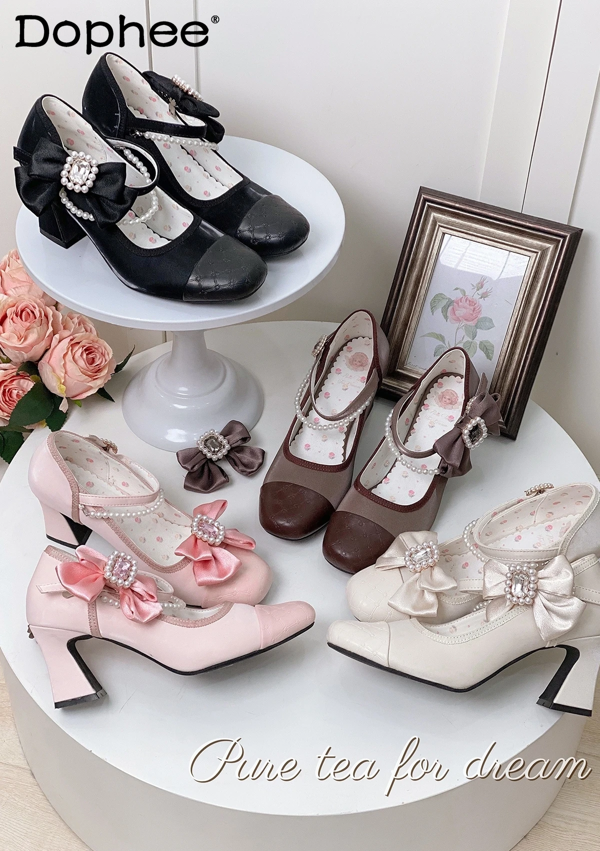 Original Bridal Wedding Pink High Heels Girls Women's Sweet Bow Elegant Tea Party Princess Lolita Mary Jane Shoes Ladies Pumps