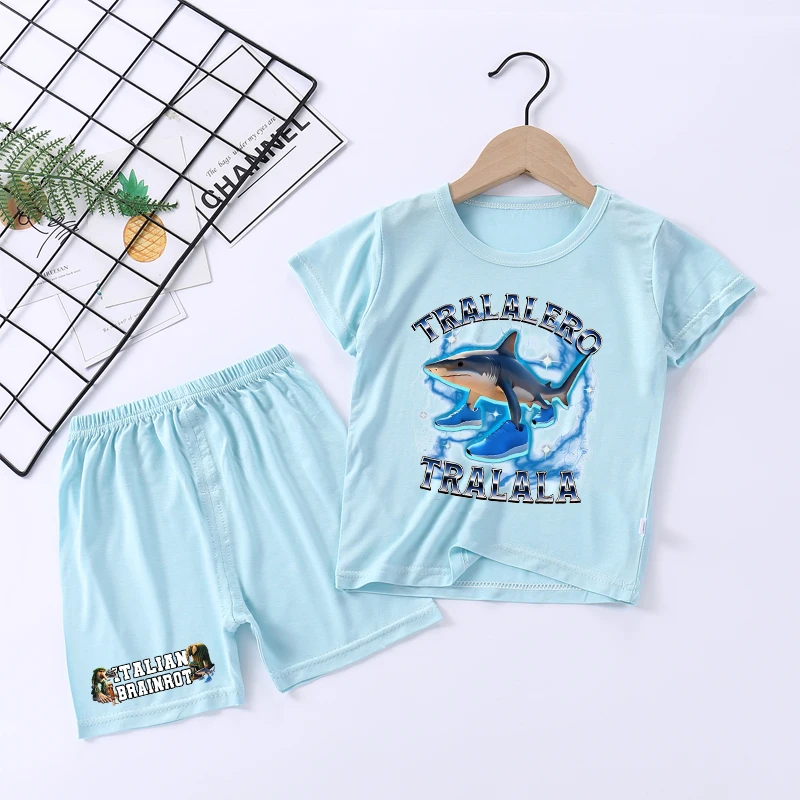 

Итальянский детский пижамный комплект Brainrot Telala, забавный короткий костюм с принтом акулы, повседневная домашняя одежда для мальчиков и девочек, забавная одежда-мем