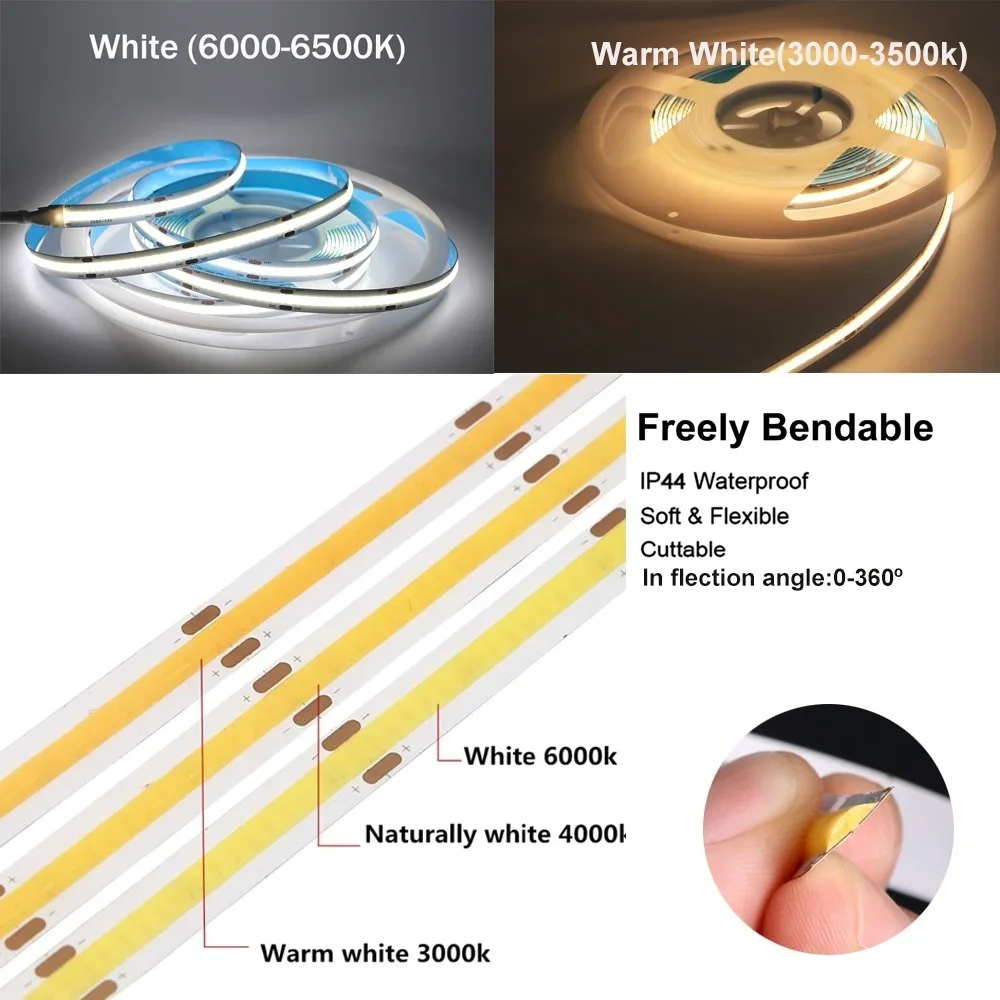 DC12V 24V COB LED Strip Light High Density Flex 320Leds/M Dimmable FOB Linear Ribbon Warm Nature Cool White 3000K 4000K 6000K