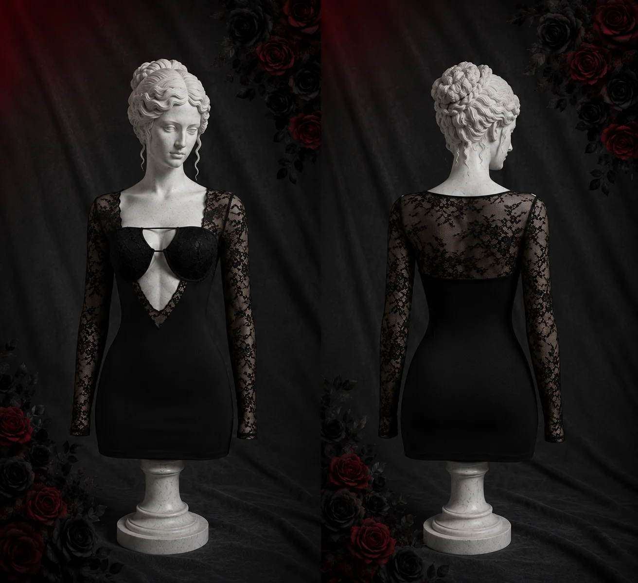 【Fragments.One Choice, No More Choices.】Hot Sweetheart Plunging Sheer Lace Black Sexy Bodycon Dress