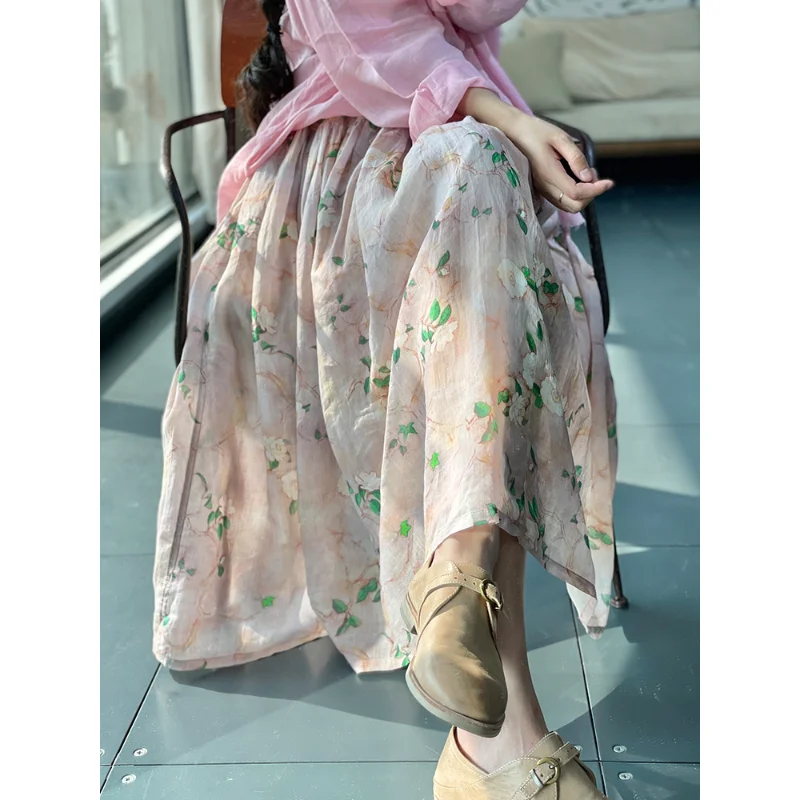 

Elegant Fashionn Cotton Linen Ramie Skirt Elastic Waist Double Layer Long Skirt Women's Spring Summer Floral Skirt