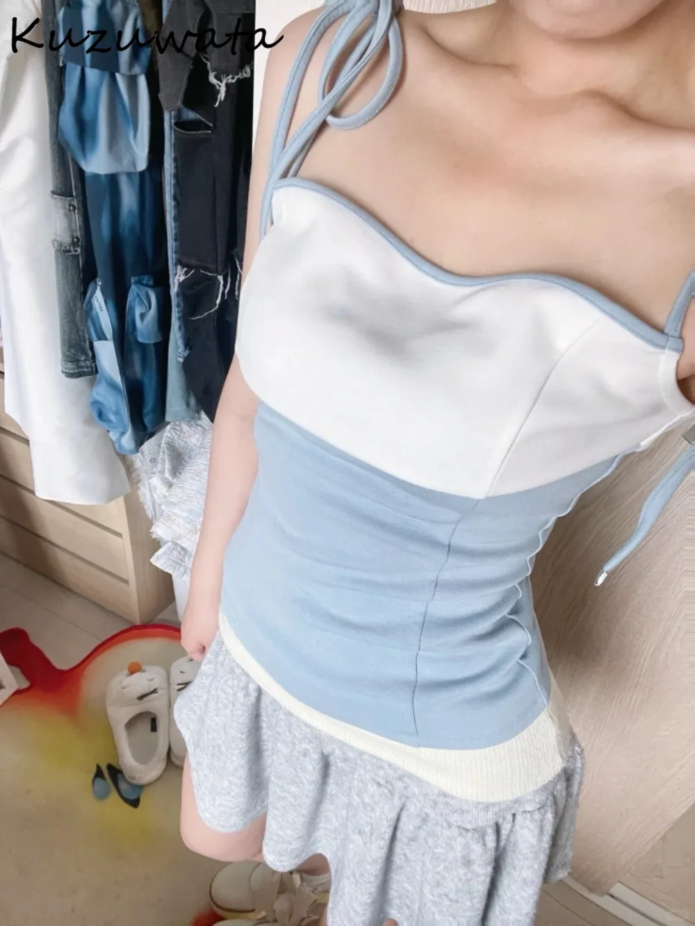 

Kuzuwata New Lace Up Panelled Sling Short Camis Casual Slim Student Preppy Style Fresh Tees Japan All-match Lovely Sweet Vest