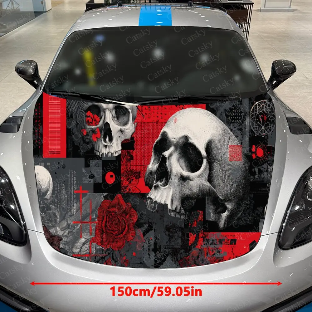 Car Decal Creative Dark Art Collage Design of Skulls with Red Accents and Floral Elements Car Hood Sticker, Waterproof Self - Ad