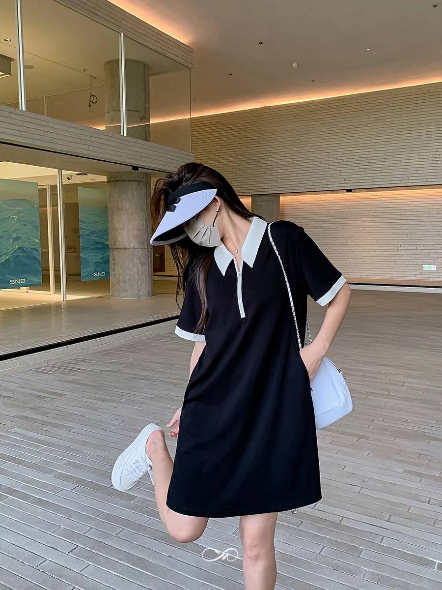 Maixi Sukienka Midi Plus Size Damska z Kołnierzykiem, Kolorowa, Wyszczuplająca, Letnia, Casualowa, z Wysokim Stanem, Rozkloszowana Spódnica A-Line