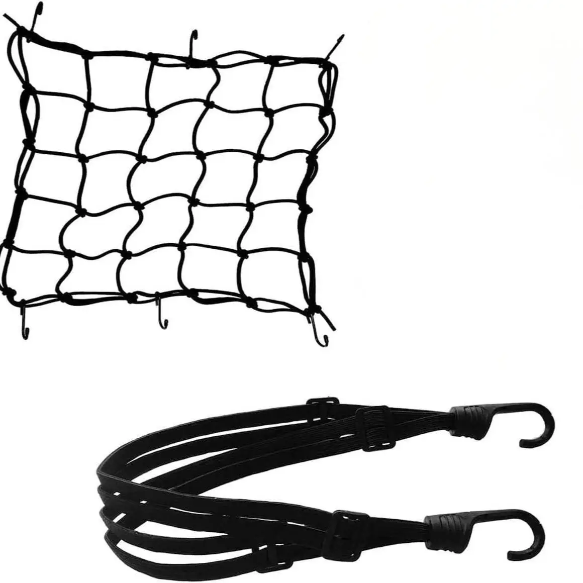 

Motorcycle Helmet Net Cargo Net 1 Pack + 1 Pack Helmet Elastic Rope, Bungee Net with Hooks, Adjustable Bike Rack Straps