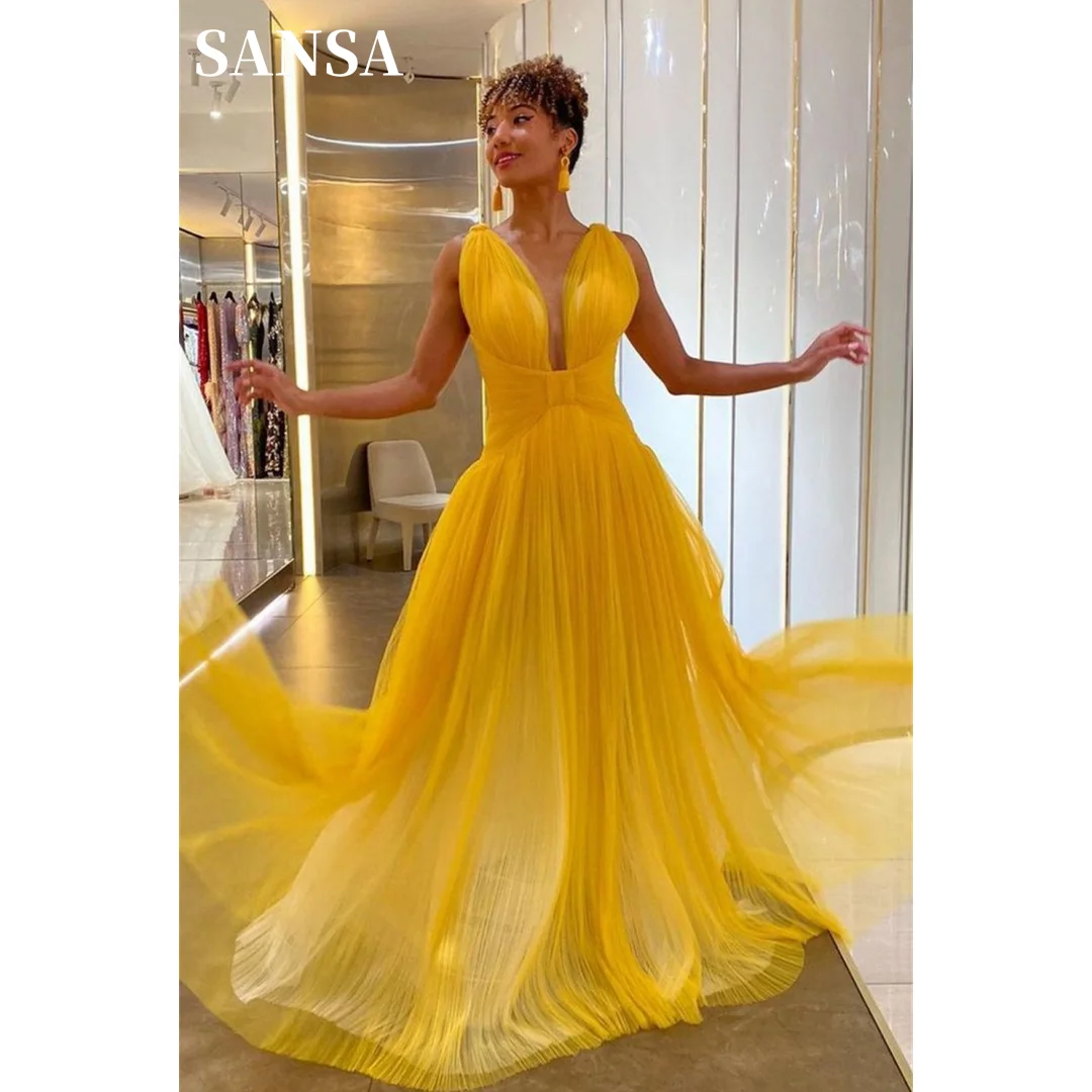 

Sansa Yellow Chiffon Prom Dress V-neck A-line Vestidos De Noche Elegant Sleeveless Pleated Floor-Length Formal Evening 2024