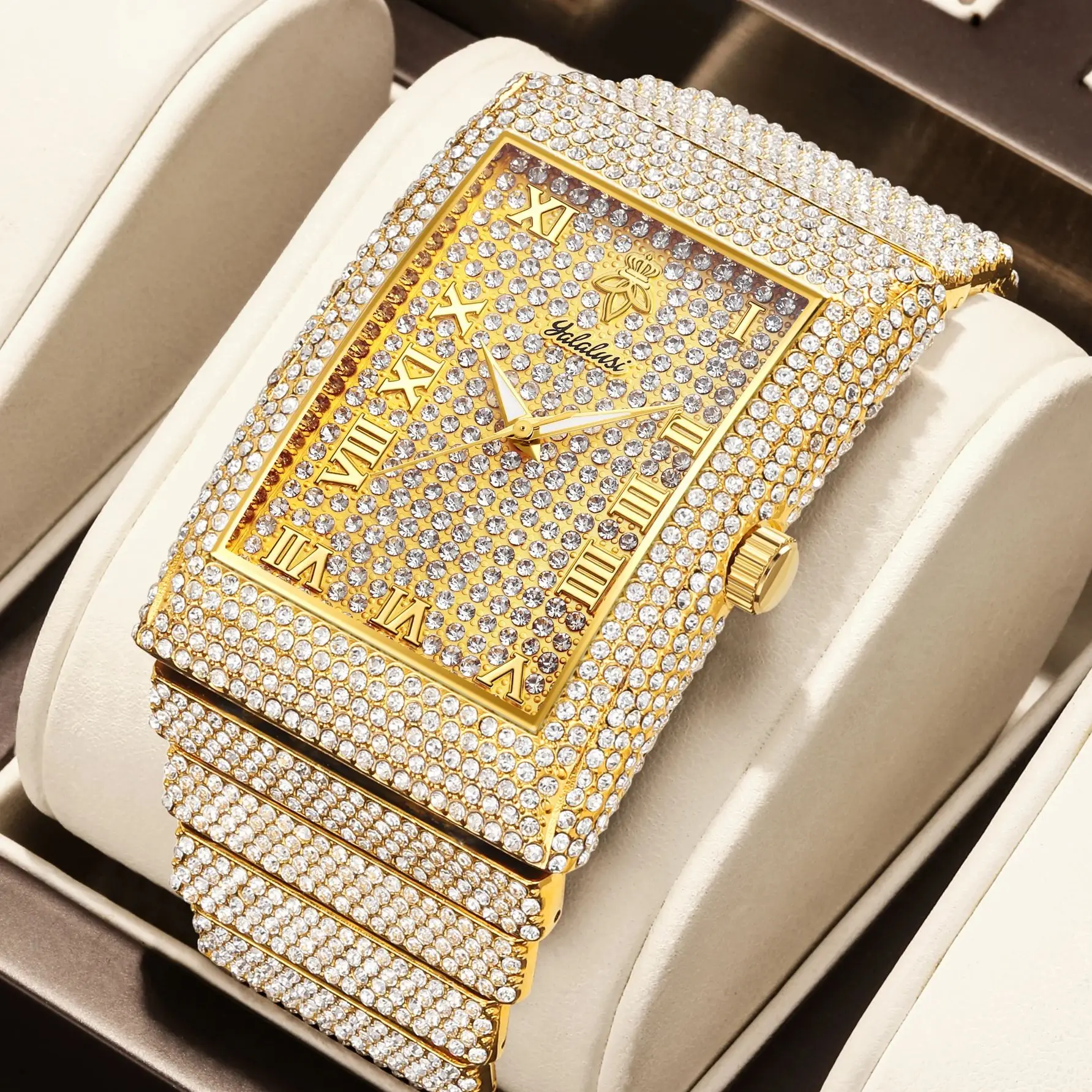 

Бренд YaLaLuSi, цельные мужские блестящие кварцевые часы в стиле фанк, роскошные золотые ослепительные стразы, винтажный подарок в римской шкале для мужчин