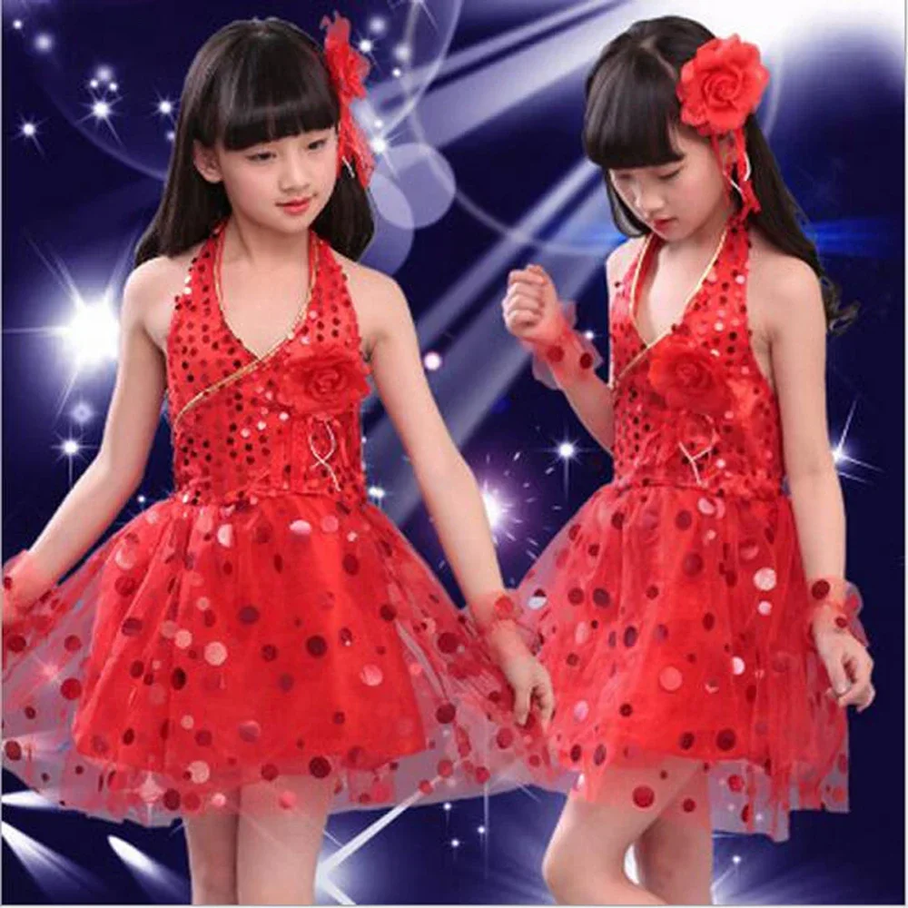 Vestido latino lantejoulas para meninas, Tutu Veil Dancewear, roupas modernas para performance de palco infantil, vestidos de dança do grupo escolar