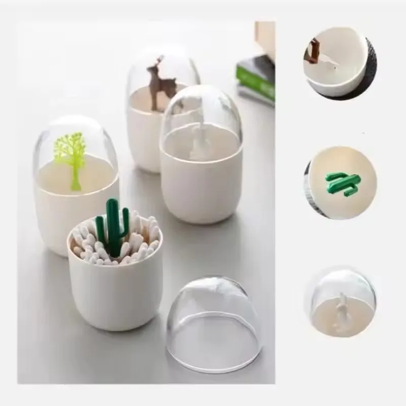 Creative Toothpick Holder Plastic Cotton Swab Holder With Cute Mini Cactus Trees Rabbit Table Accessories Home Decor view 2