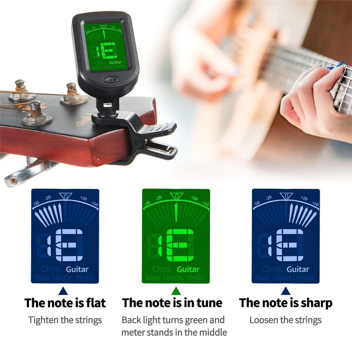 Guitar Tuner For All Instruments Clip on Electronic Tuner for Guitar Bass Ukulele Violin Mandolin Banjo