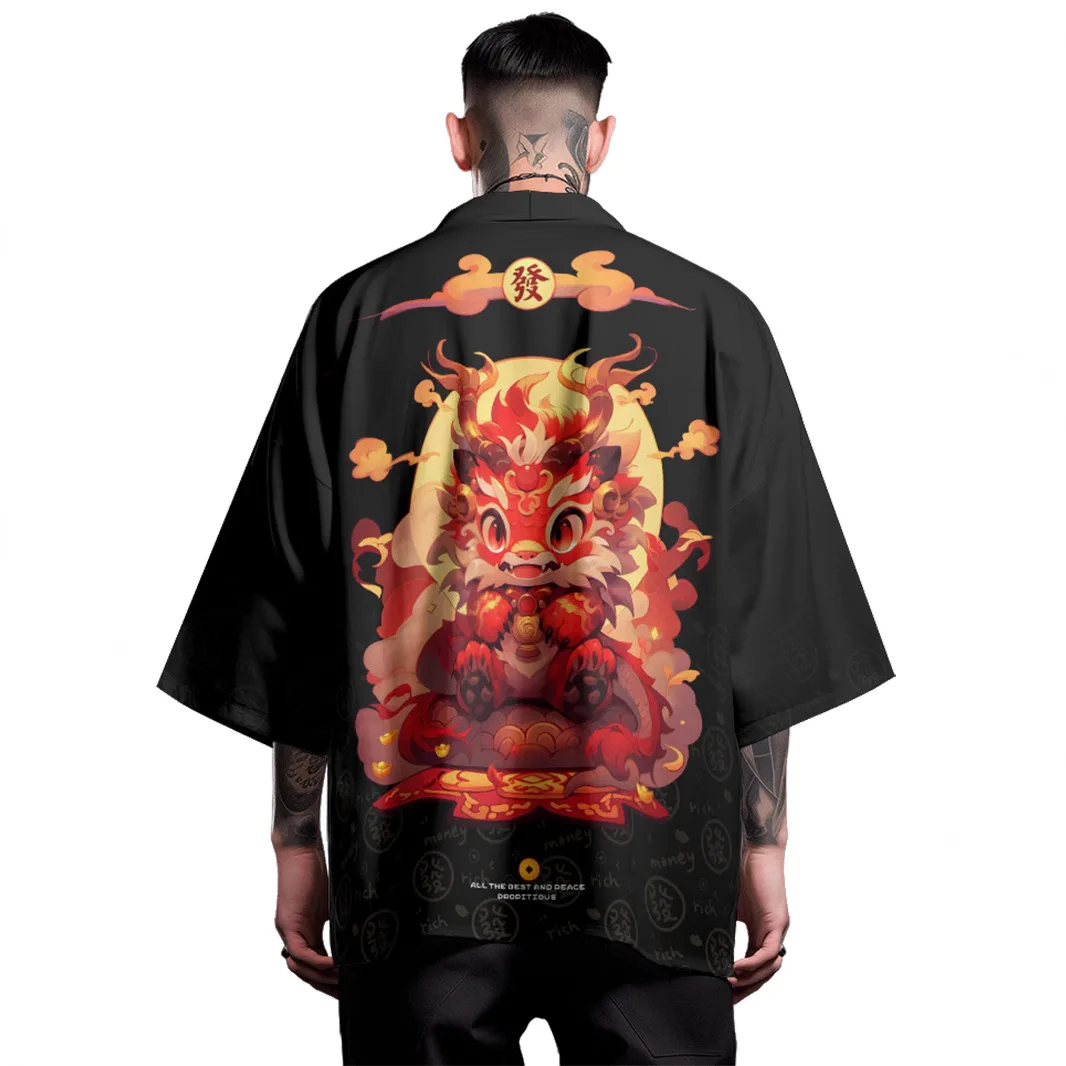 سترة صيفية فضفاضة على الموضة اليابانية الكرتونية التنين كيمونو ملابس الشارع الشهير رداء النساء والرجال هاوري توب يوكاتا