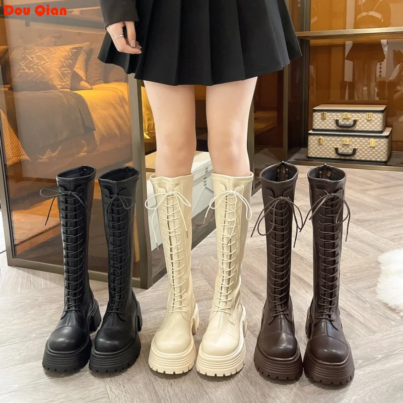 

High Knight Women Thigh High Boots Leather Women's New Autumn Winter 2024 Lace-up Platform Knee-back Zipper Female Shoes