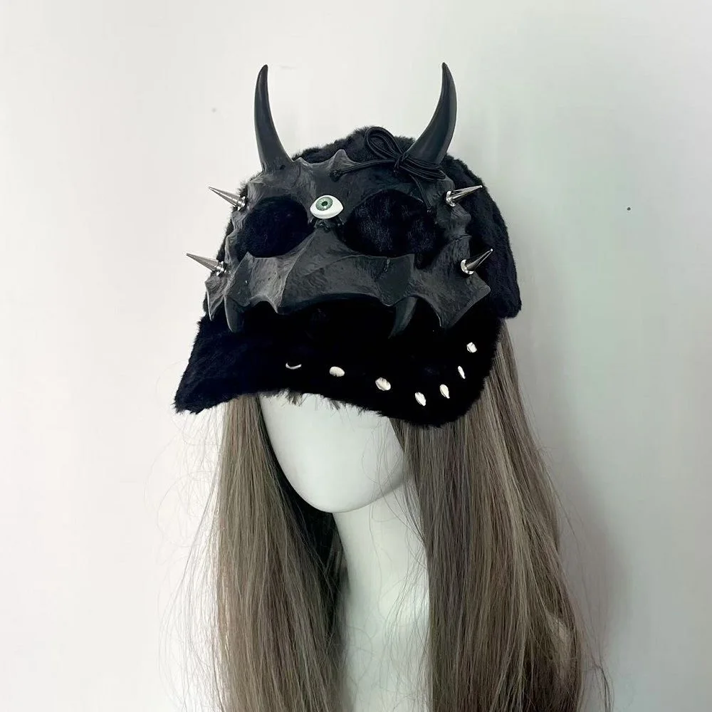 Handcrafted Dark Punk Rivet Devil Horn Baseball Cap Furry Thickened Subculture Duck Cap Y2K Lolita Accessories