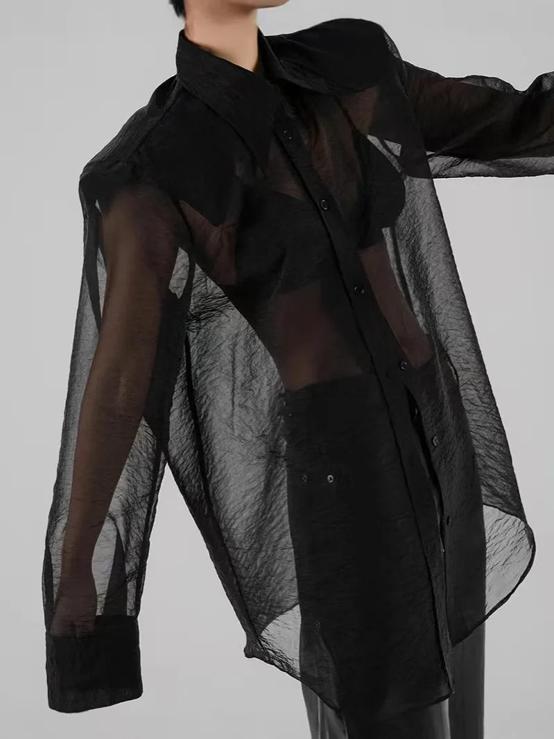 Ele Vintage Long Sve Me irt Vestibilità ampia Sexy Vedi resistente da pendolarismo Sle Colletto in puro colore abbottonato