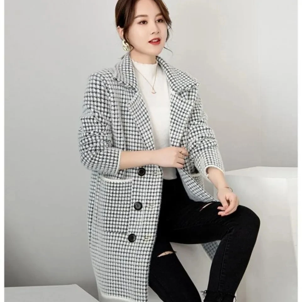 Mink Fur Checkered Coat Plaid Fluffy Velvet Cardigan Top Women Winter Jacket Korean Style Clothes Fashion Elegant Overcoat