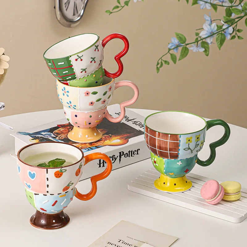 

Hand Painted Relief Ceramic Mug High Foot Design Coffee Cup Cute Milk Cup for Home Use