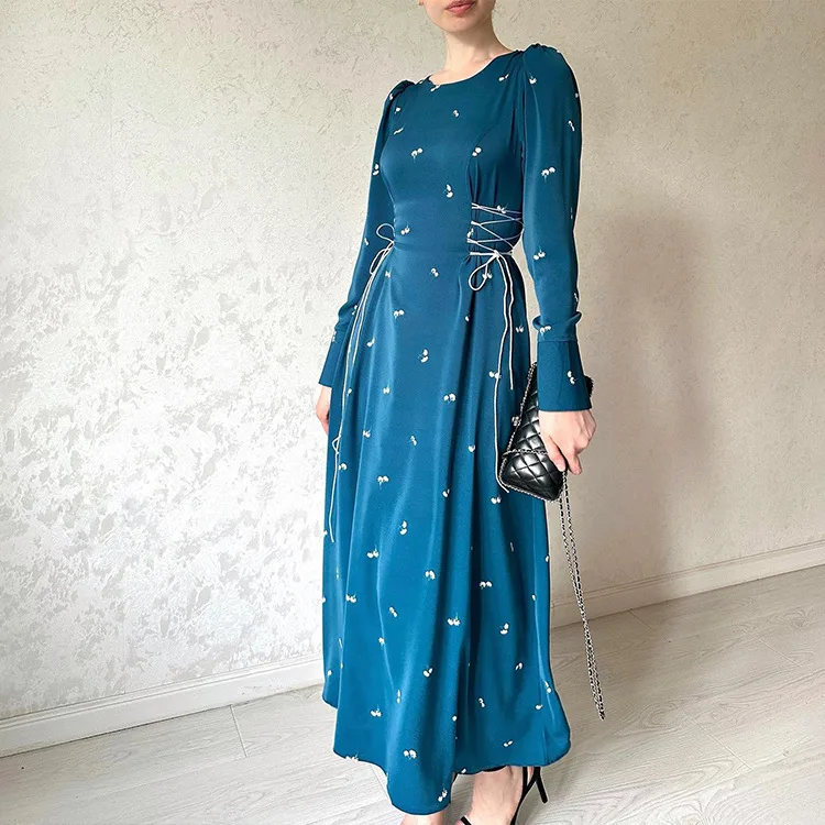 Middle Eastern Muslim Women's Clothing Lace-up Dress Turkey Jilbab Hijab Abaya Ramadan Long Robe Islam Clothing Print Vestido