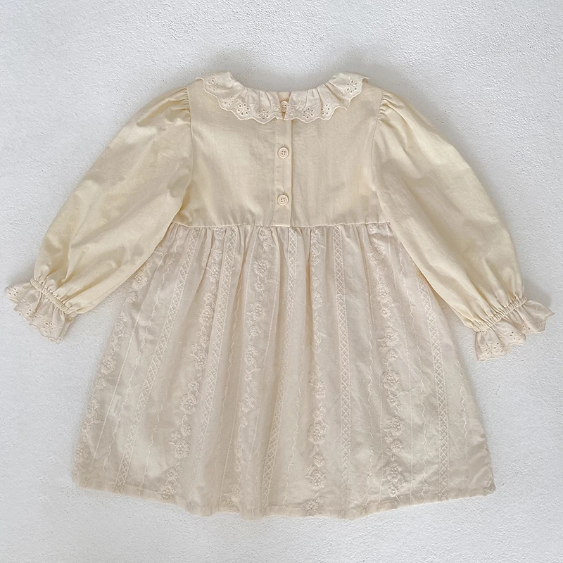 2026 Mädchen Langarmkleid mit Rüschen-Spitzenkragen, besticktes Baumwoll-Prinzessinnenkleid für Frühling und Herbst, Kindergeburtstagsparty Vestido – Detail 6