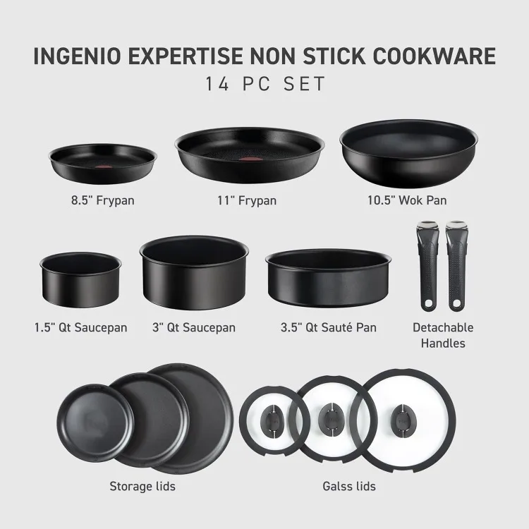 Ingenio Expertise Non Stick Cookware Set 14 Piece, Induction Oven Broiler Safe 500F, Detachable/Removable Handle,