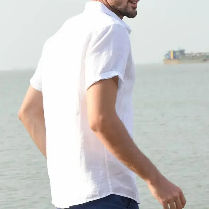 

Summer Cotton Linen Shirts For Men Casual Short Sleeved Shirts Blouses Solid Turn-Down Collar Formal Beach Shirts Male Clothing