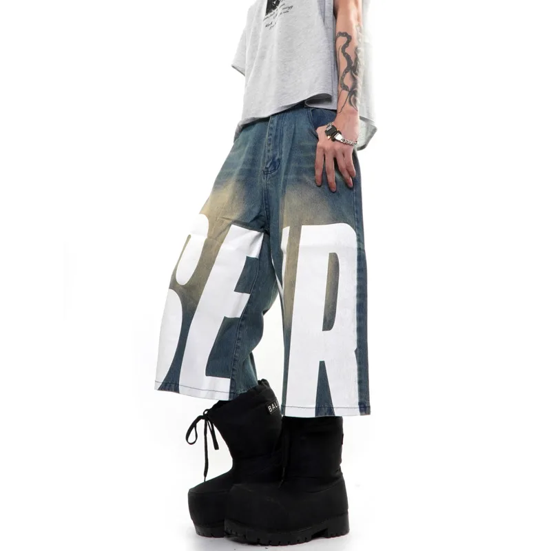 HKSH Summer Autumn New Men Tide Chic Ins Vintage Letter Printed Color-Blocked Straight Denim Pants Women Versatile Jeans HK24755