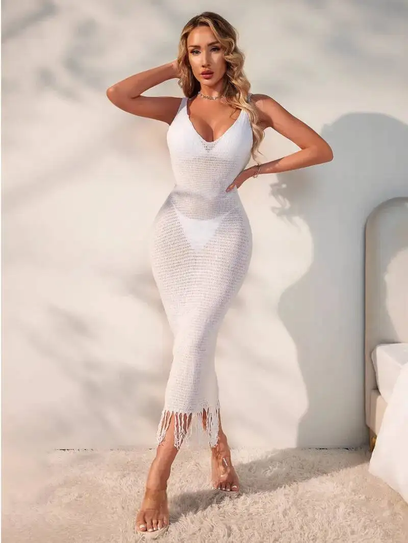 

Новая сексуальная вязаная туника с бахромой и кисточками, пляжное платье-накидка, пляжная одежда, женские подтяжки с открытой спиной на груди, без рукавов QC69
