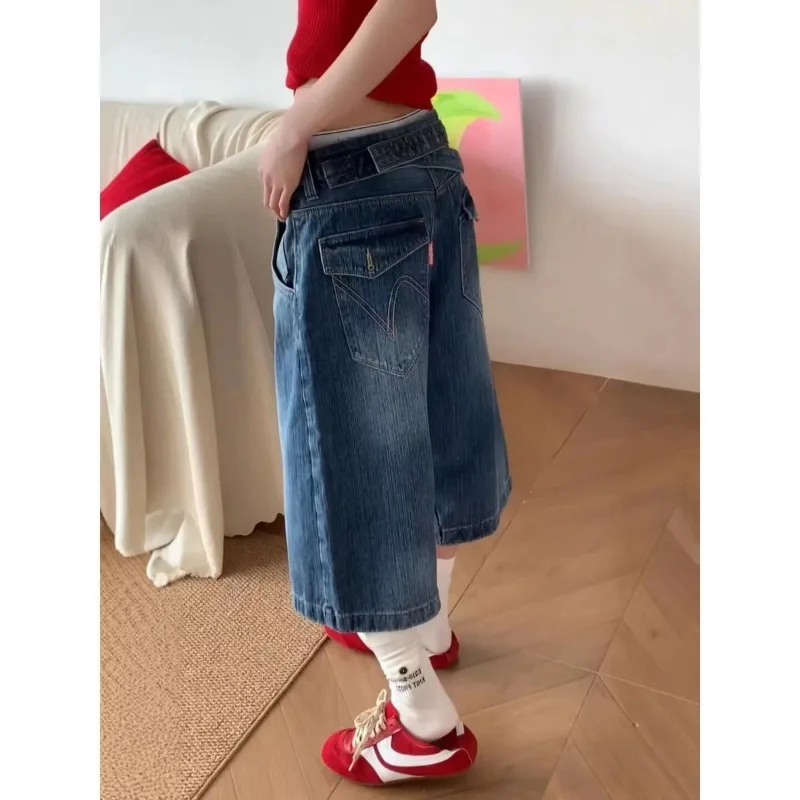 Summer Women's Fashion Button-Up Denim Shorts cool Girl High Waist Half Trousers Wide Leg Streetwear Female Calf-length Pants