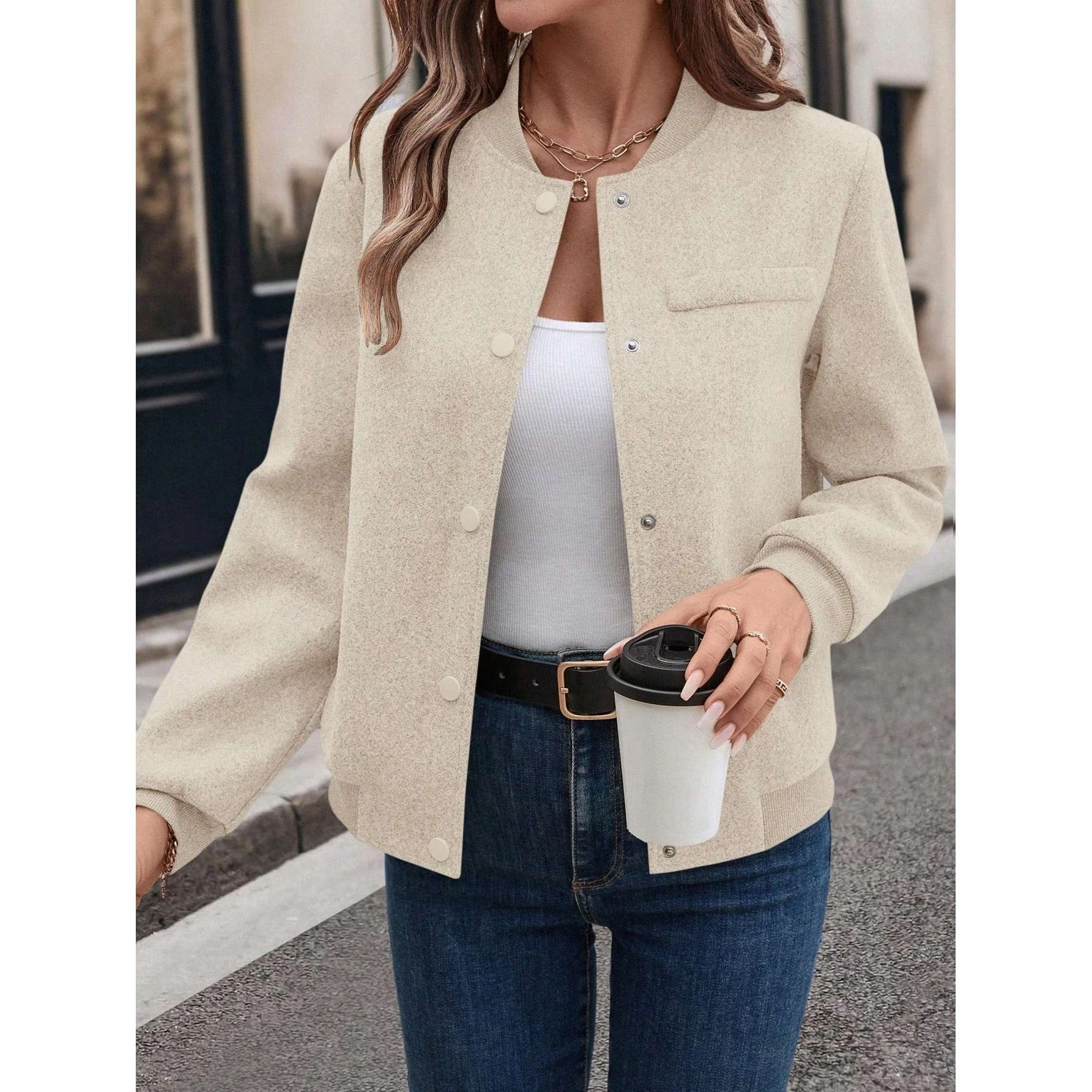 Women's Casual Long Sleeve Jacket Soft Wool Baseball Coat Autumn Winter New Style Fashionable Short Outerwear Polyester Fabric