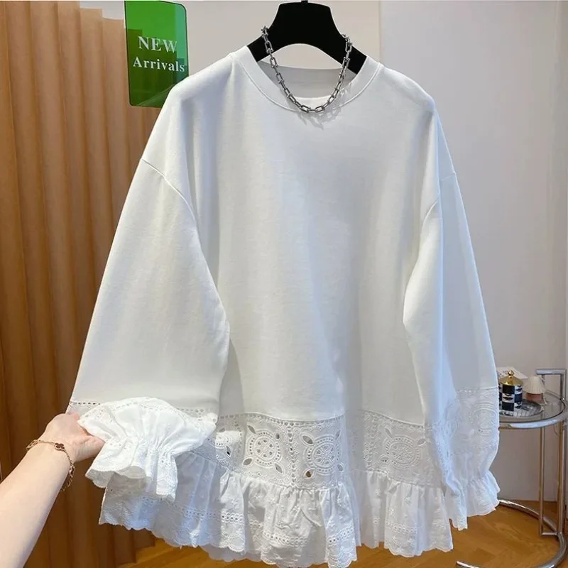 

Кружевная туника с цветочной вышивкой для женщин, дышащая хлопковая блузка большого размера с вязаным крючком, ажурный дизайн, белые футболки