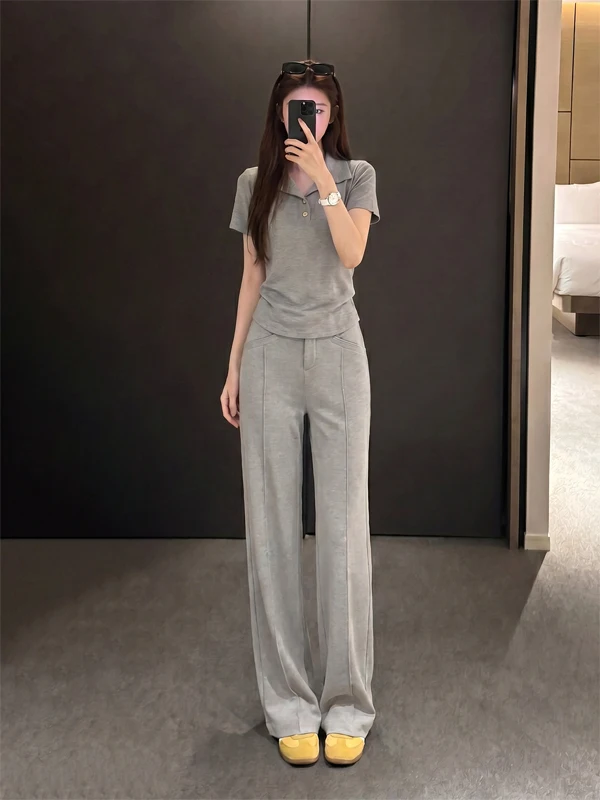 

Summer 2026 Casual Sportswear Set Women's Turn-down Collar Short Sleeve Wide Leg Pants Grey Two-piece Set Anti-aging Outfit