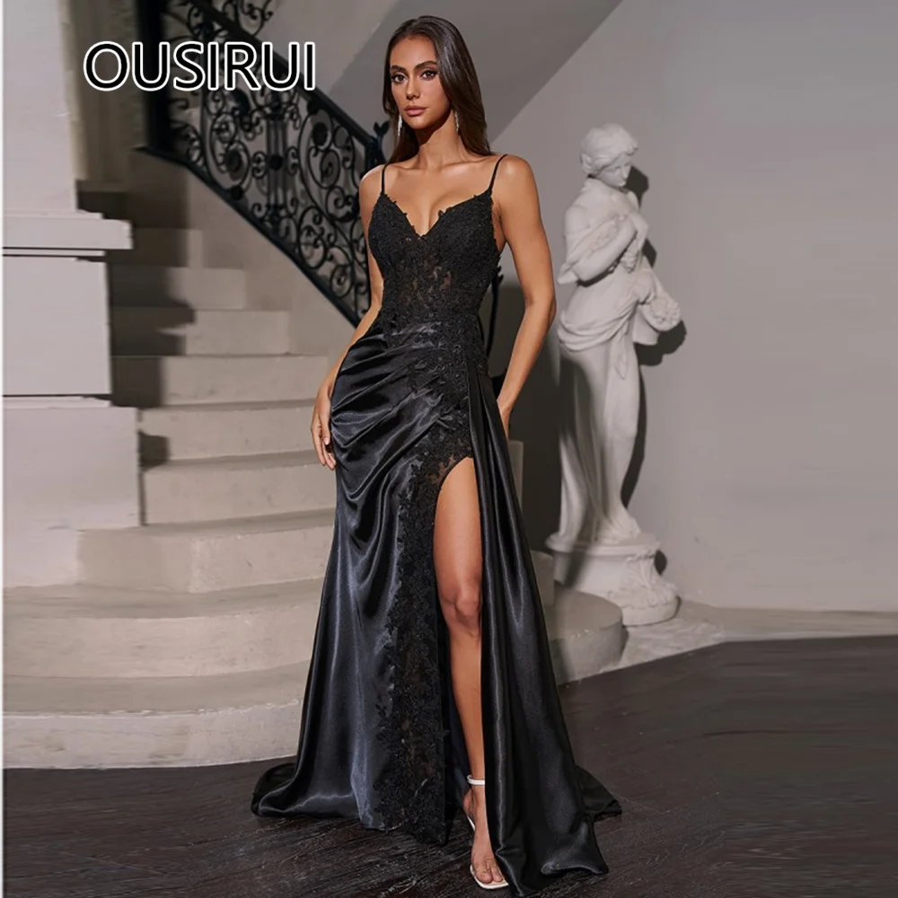 V-neck Satin Pleated Formal Evening Dress Sexy Mermaid Backless and Lace up Court Side Slit Bridesmaid Gown with Lace Customizd