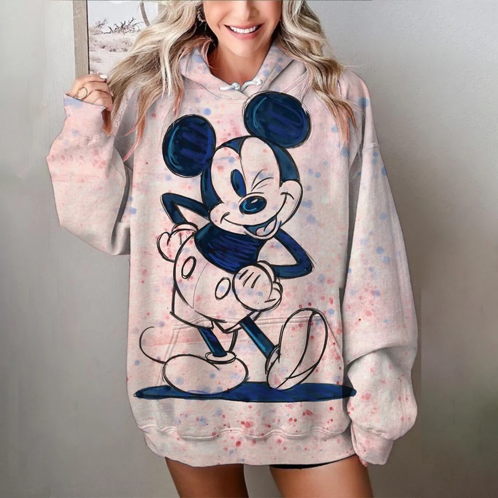 Disney 2024 Fall New Fashion Casual Cartoon Mickey Mouse Mickey and Minnie Print Slim O-Neck Long Sleeve Sweatshirt