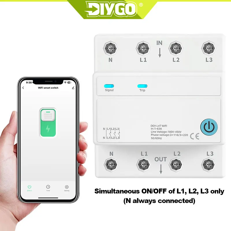 DIY GO  4P WIFI Smart Switch Circuit Breaker 3 Relay Cut Off L TUYA SmartLife 3X120V 3X220V 1-63A Timer Countdown DIN Rail MCB