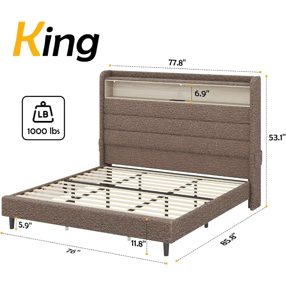 Cama com cabeceira alta e luzes LED, estação de carregamento, plataforma estofada, Wingback, sem Box Spring
