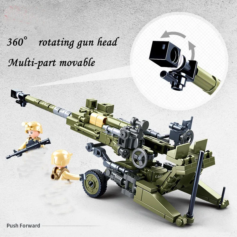 258PCS WW2 Army Light Howitzer Model Building Block Small Particles Compatible Kids Bricks Toys Construction Kits Boy Gift