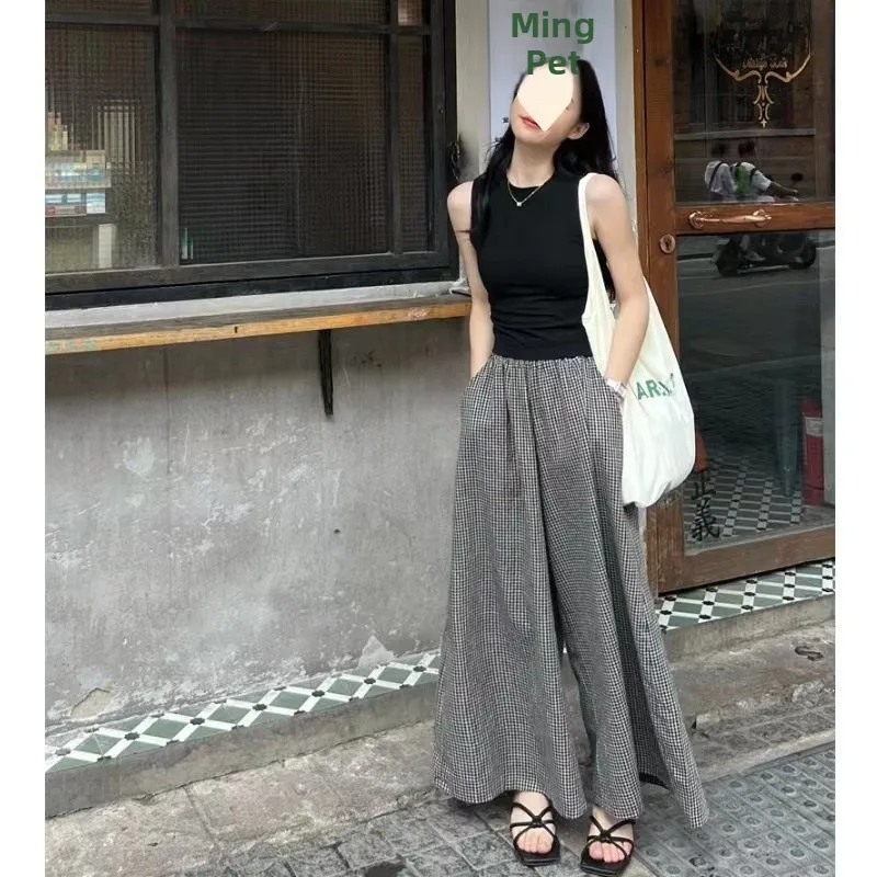 Summer Women's Outfit Korean Style Versatile Sleeveless Vest And Plaid Pants Retro Print Casual Comfortable Fashion Set