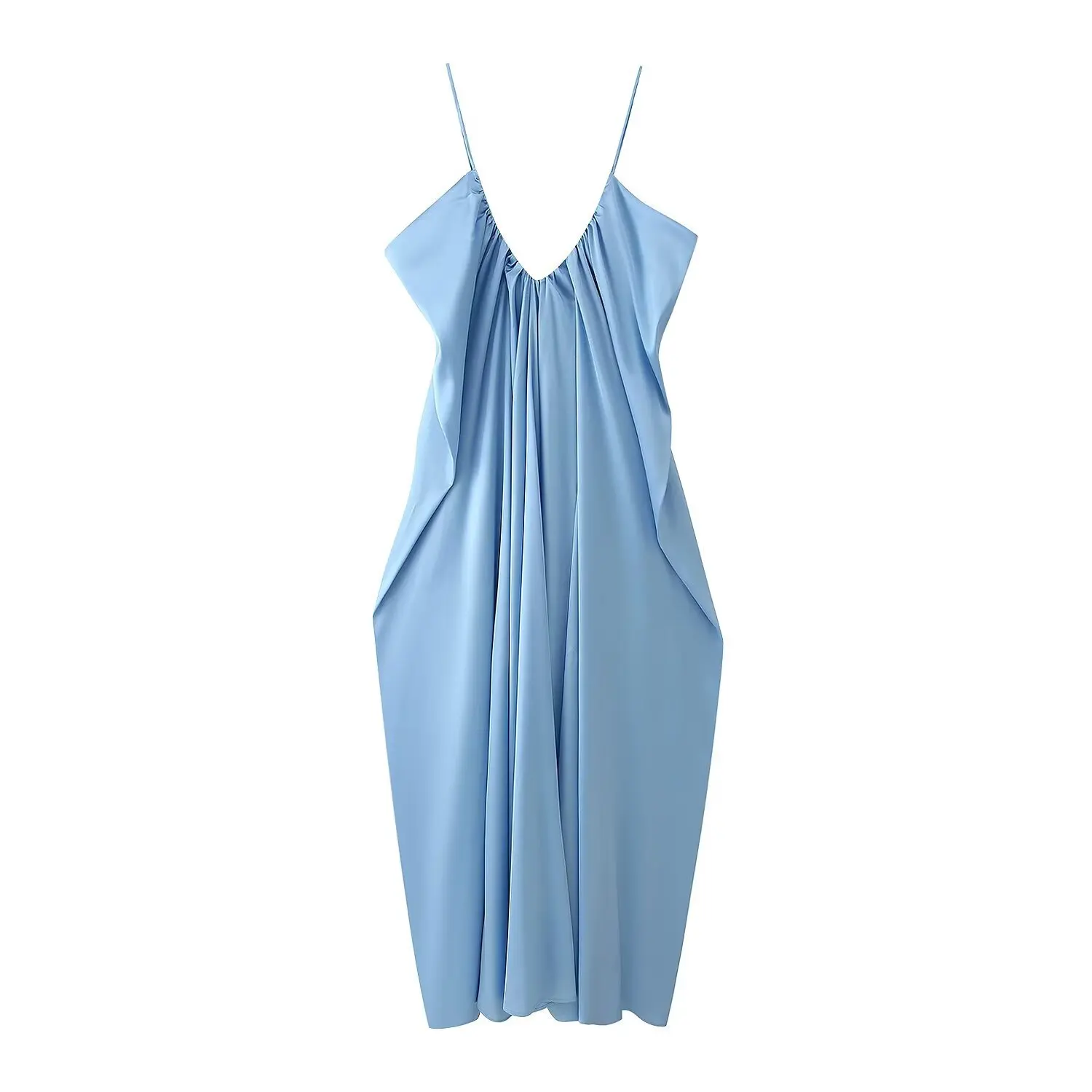 Chic V-neck Sling Backless Sleeveless Robes Elegant Women Solid Color Satin Pleated Long Dress New Fashion Party Club Dresses