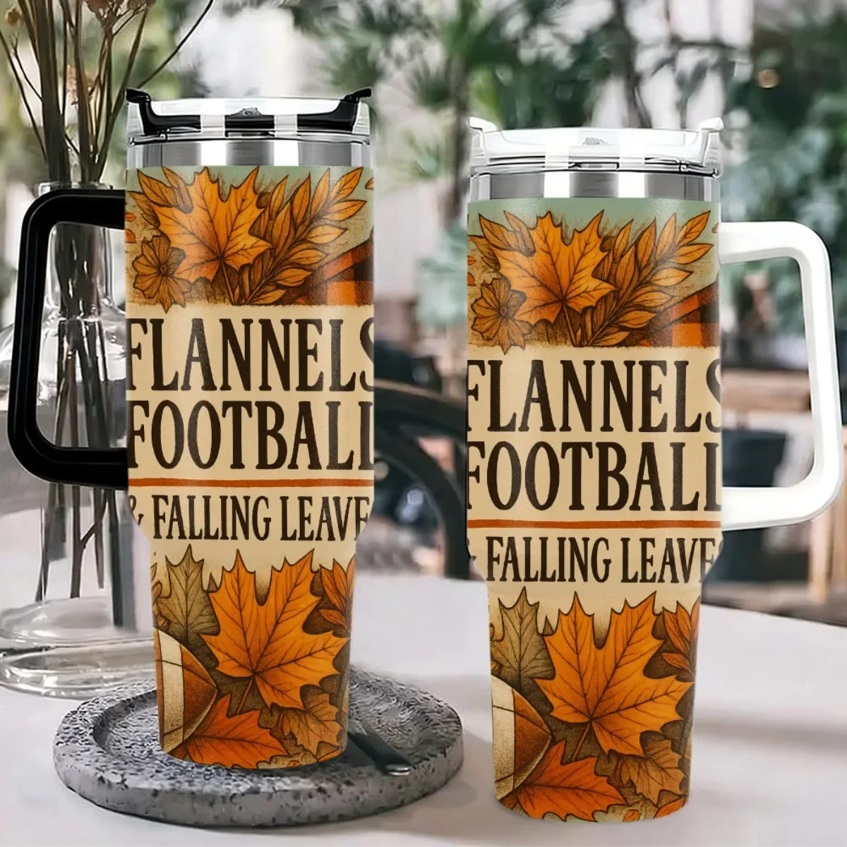1pc of a 40Oz Stainless Steel Tumbler Featuring a 3D Football Cap Design, a Shirt with Fall Leaves, And an Alphabet Print. This Large Capacity Slim Cup Comes with a Straw And Lid