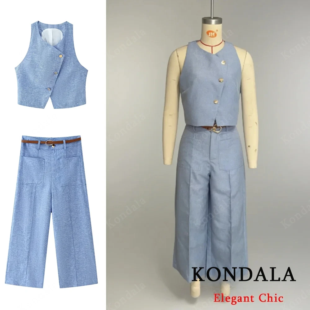 

KONDALA элегантный женский комплект брюк, асимметричный жилет на пуговицах, брюки с карманами и поясом, новинка 2025, весенне-осенний модный женский праздничный комплект для вечеринок