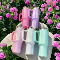 40Oz Stainless Steel thermos cup With Handle Lid and Straw Insulated Rainbow Paint Travel Mug For Hot And Cold Beverages Outdoor