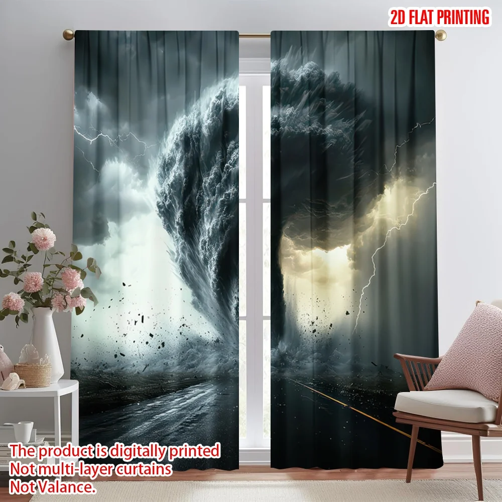 

2D flat printing 2pcs Party Window Curtains Stormy Tornado on Highway Digital Printed Polyester Drapes Festive Curtains for