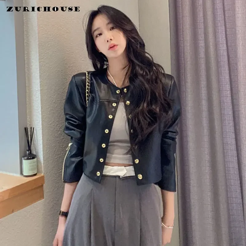 

Vintage Elegant Leather Jacket for Women Spring Autumn 2024 New Fashion Elegant O-neck Metal Single-breasted Cropped Coats