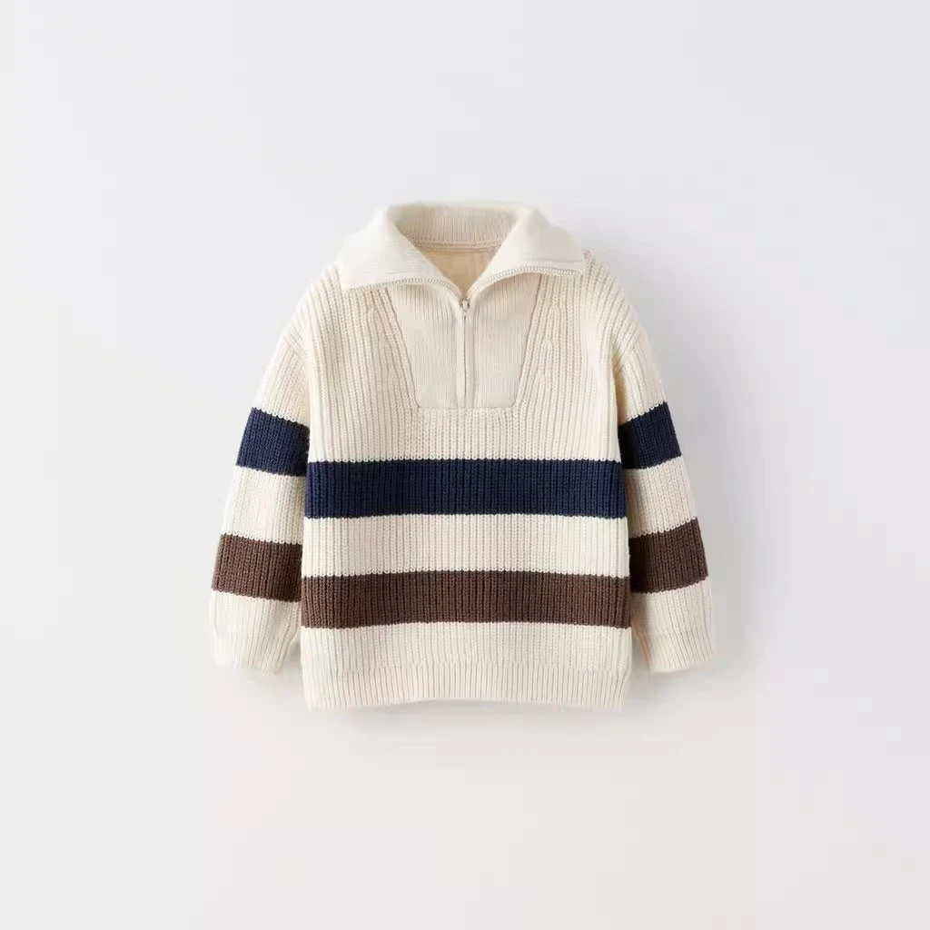 2023 Autumn New Product for Boys Infants Children Zipper Decoration Striped Knitted Shirts Fashionable and Popular