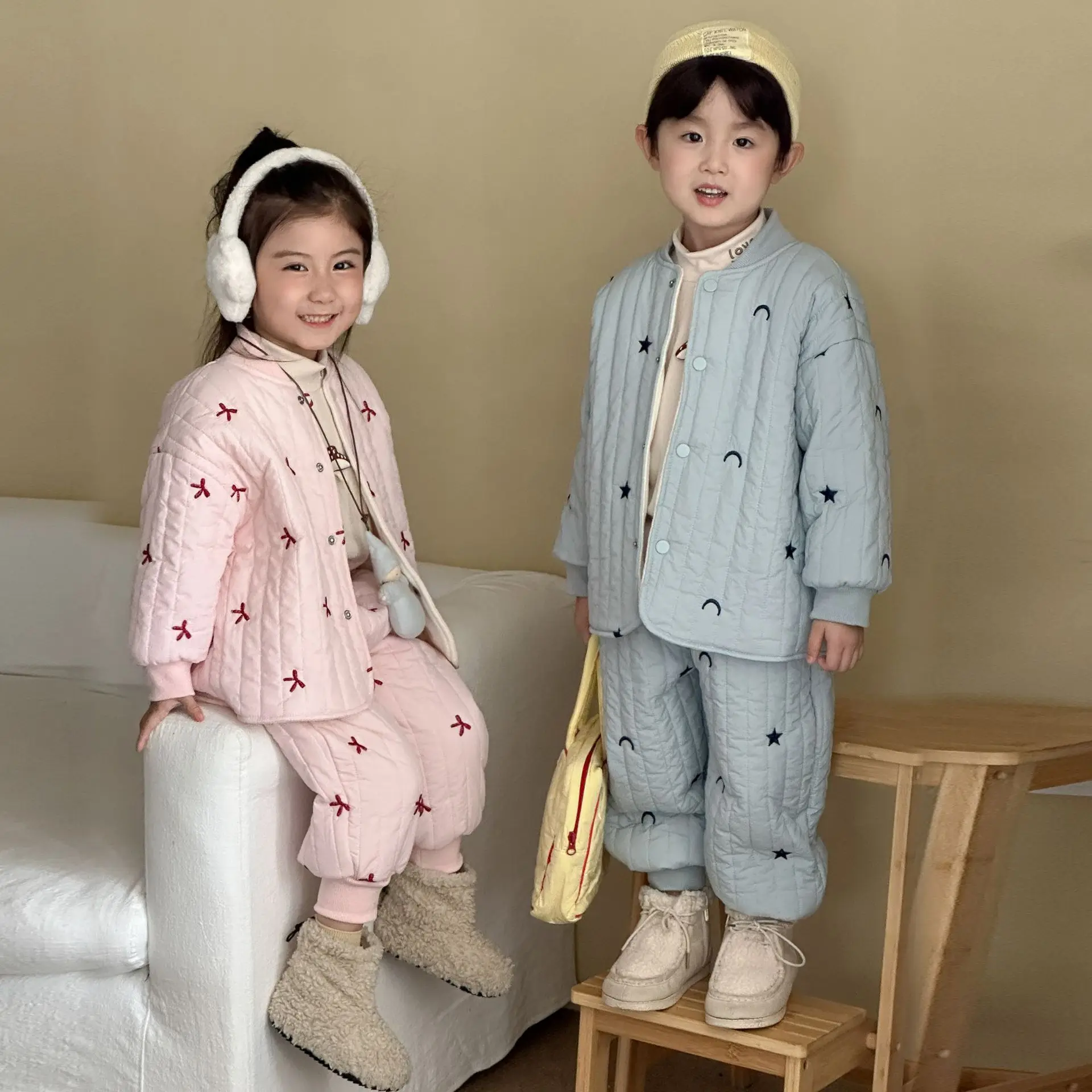 Children's Velvet Set Autumn and Winter Embroidery Boys and Girls Three-layer Cotton-padded New Thickened Baby Pants