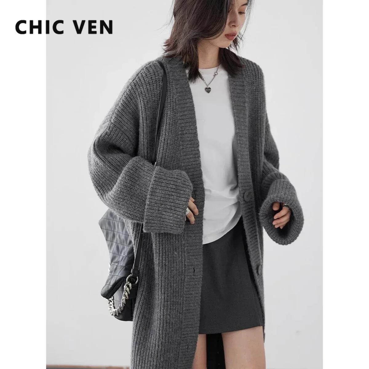 CHIC VEN-cárdigan de punto para mujer, suéter largo de una sola botonadura, informal, holgado, primavera y otoño, 2024