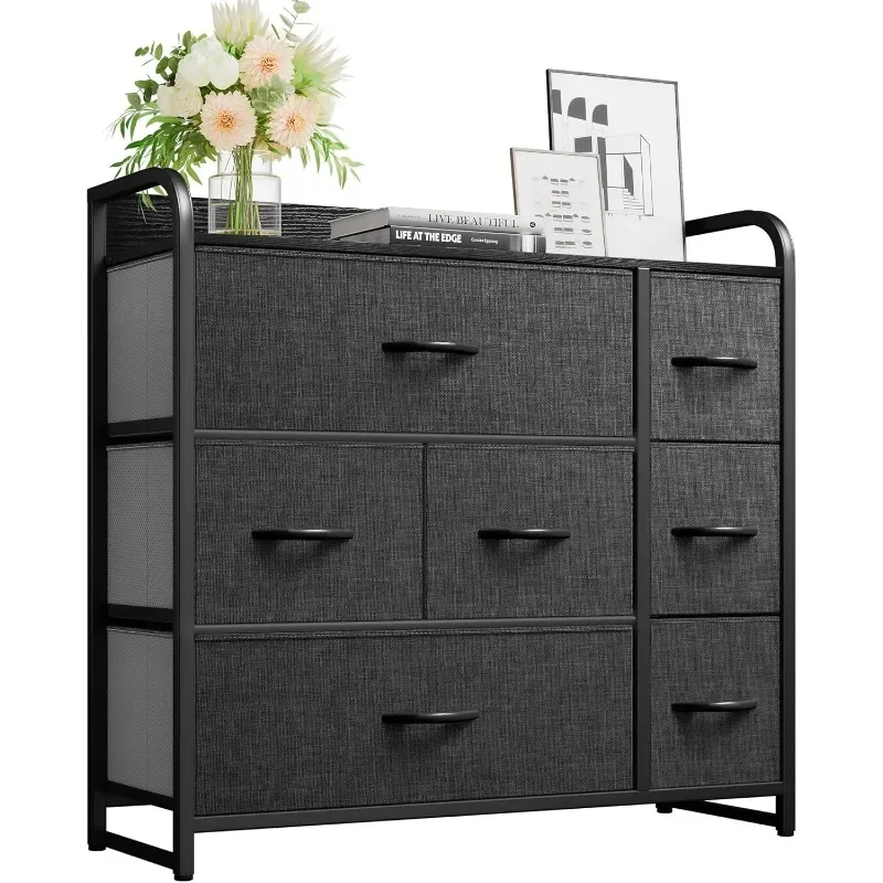 Fabric Vanity with 7 Drawers - Large Capacity Storage Tower, Organizer Unit for Living Room - Sturdy Steel Frame, Easy To Pull