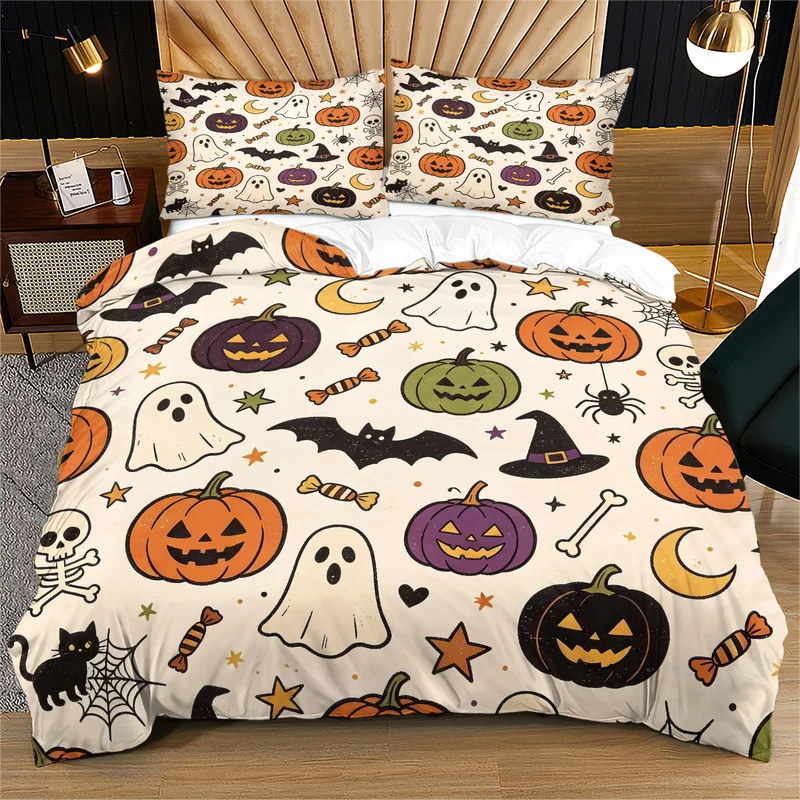 2/3Pcs Halloween Microfiber Duvet Cover Set,Ultra-Soft,Breathable,Multi-Sizes,Skin-Friendly,Cute Cartoon Pumpkin Ghost Pattern